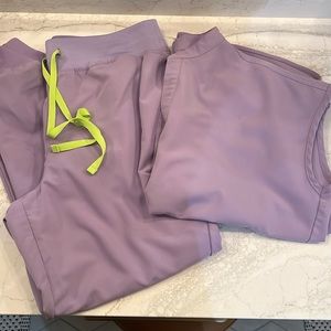 Figs! Lavender medium Rafaela top, large petite high waisted Zamora pants